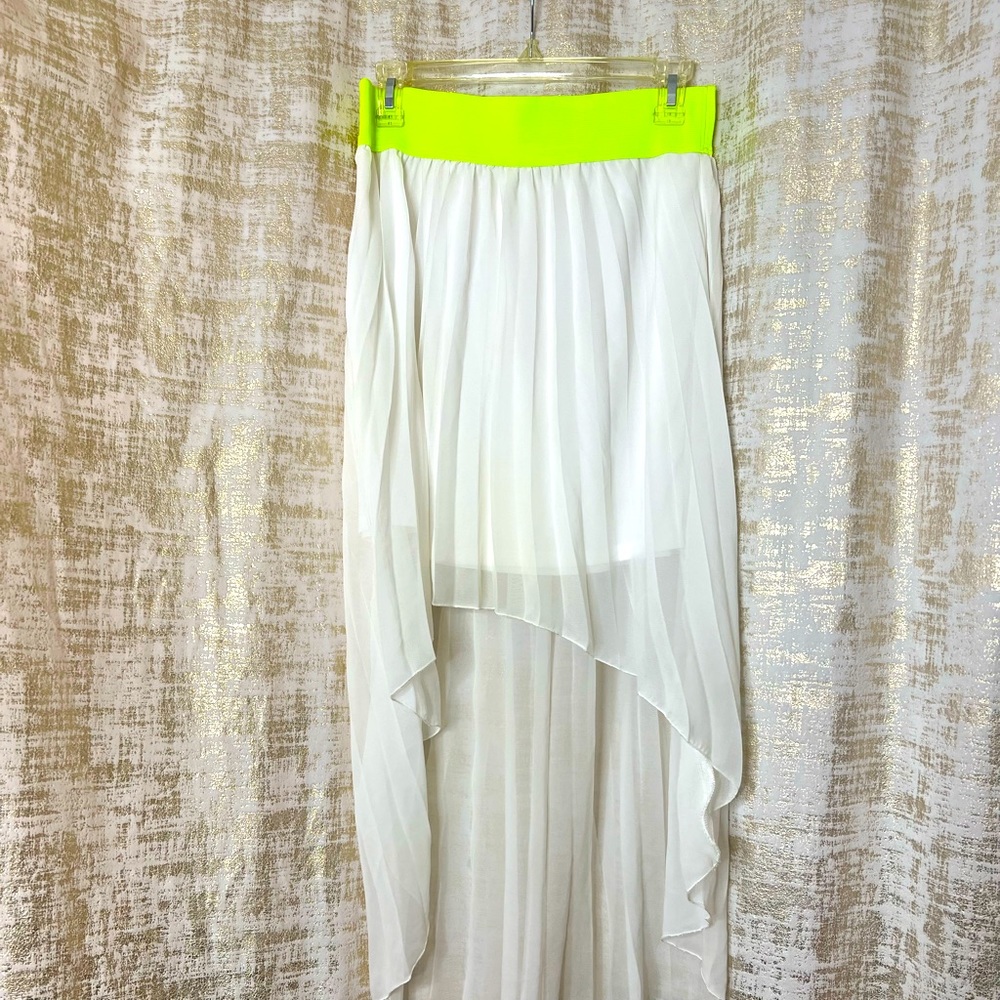 White & Neon Mini Skirt with Sheer Pleated Hi-Low Overlay ☀️🌊🏖